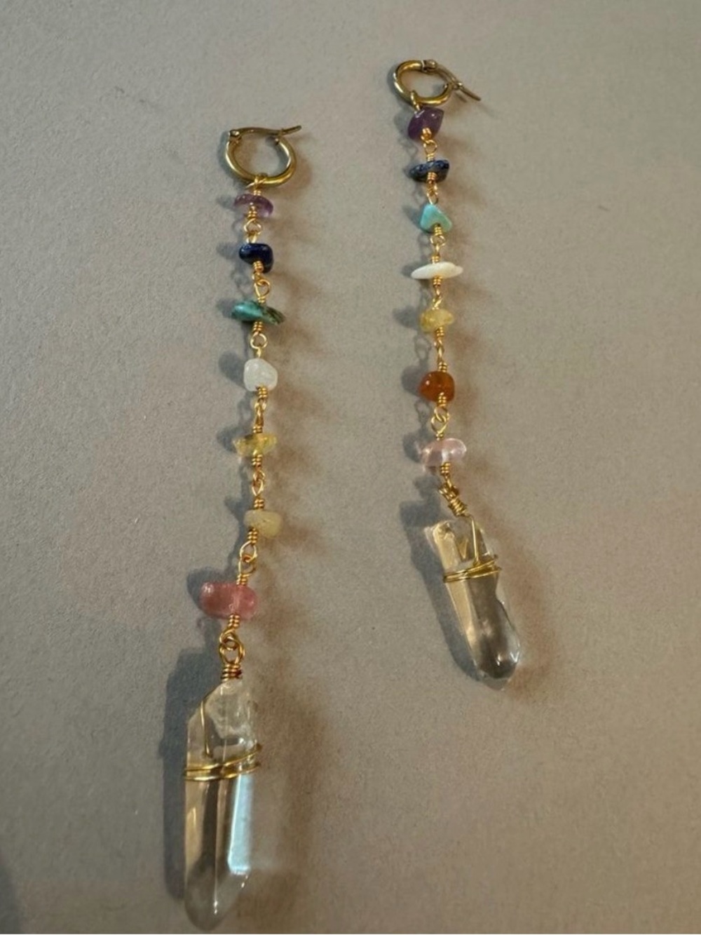 Gold Multistone Beaded 7 Chakra Crystal Huggie Drop Earrings- Bright Gems - Picture 2 of 3